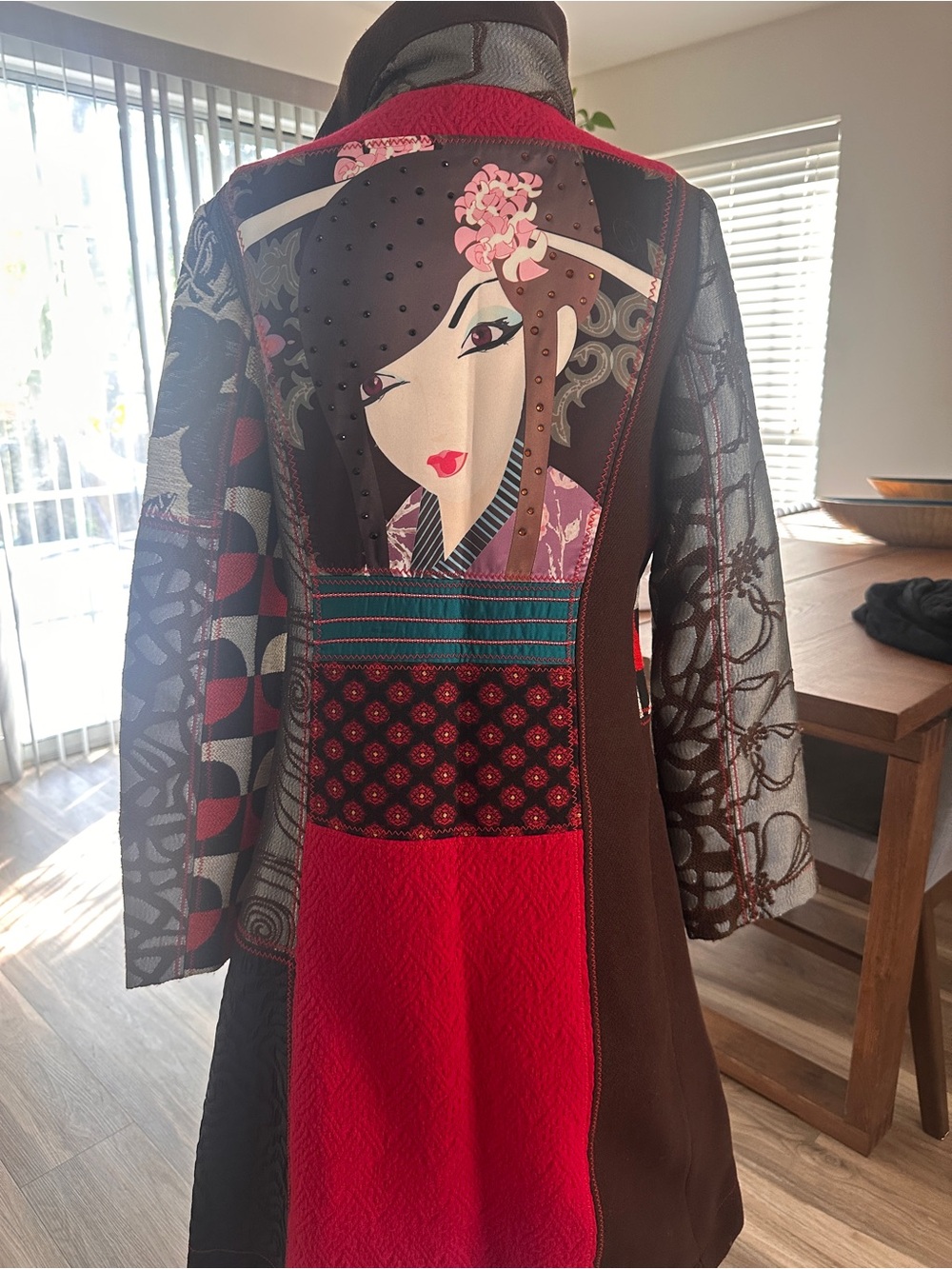 Desigual Red and Brown Patchwork Long Sleeve Dress Coat